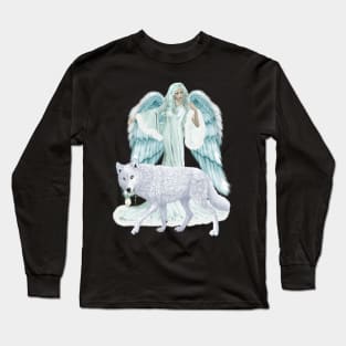 Fantasy Art Winter Angel And Wolf Long Sleeve T-Shirt